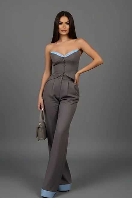 Compleu de Dama, din Bistrech, Top Scurt  si Pantalon Lejer, Althea, Gri