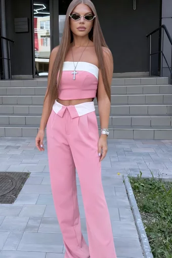 Compleu de Dama, din Bistrech, Top si Pantalon Lejer cu Betelie Alba, Magnolis, Roz