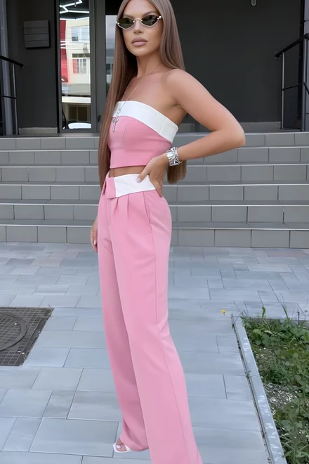 Compleu de Dama, din Bistrech, Top si Pantalon Lejer cu Betelie Alba, Magnolis, Roz