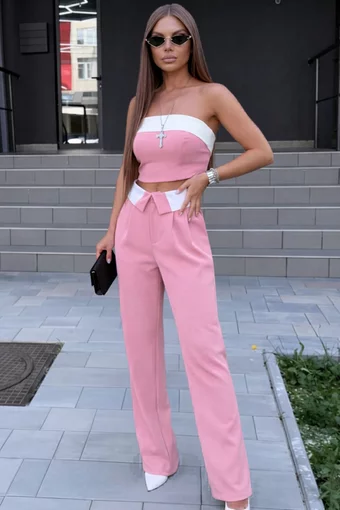 Compleu de Dama, din Bistrech, Top si Pantalon Lejer cu Betelie Alba, Magnolis, Roz