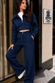 Compleu de Damă, din Blug, Bluză Crop și Pantaloni cu Betelie Albă, Azzur, Blue