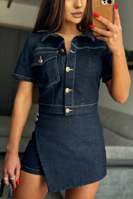 Compleu de Dama din Blug, din Doua Piese, Jacheta si Fusta Pantalon, Denique, Blue