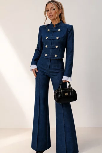 Compleu de Dama, din Blug, Jacheta si Pantalon Evazat, Vienna, Blue