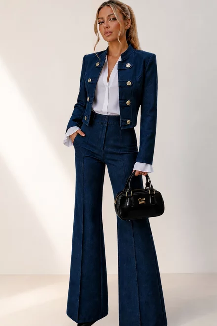 Compleu de Dama, din Blug, Jacheta si Pantalon Evazat, Vienna, Blue
