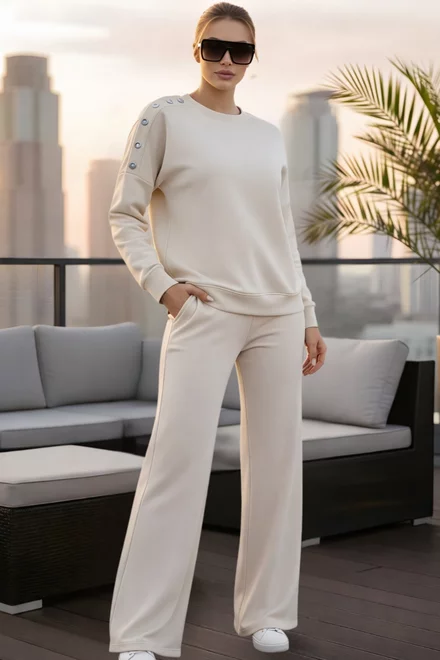 Compleu de Dama, din Bumbac, Bluza Accesorizata cu Capse si Pantalon Lejer, Florence, Bej