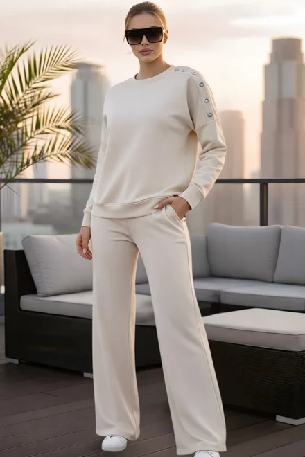 Compleu de Dama, din Bumbac, Bluza Accesorizata cu Capse si Pantalon Lejer, Florence, Bej