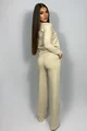 Compleu de Dama, din Bumbac, Bluza Accesorizata cu Capse si Pantalon Lejer, Florence, Bej