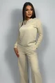 Compleu de Dama, din Bumbac, Bluza Accesorizata cu Capse si Pantalon Lejer, Florence, Bej