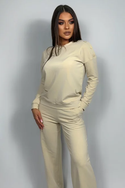 Compleu de Dama, din Bumbac, Bluza Accesorizata cu Capse si Pantalon Lejer, Florence, Bej