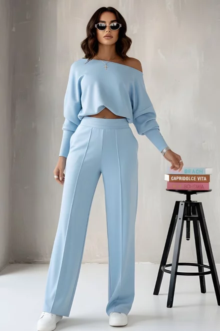 Compleu de Dama, din Bumbac, Bluza si Pantalon Lejer, Elyrre, Bleu