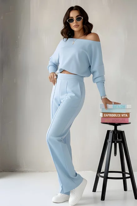 Compleu de Dama, din Bumbac, Bluza si Pantalon Lejer, Elyrre, Bleu