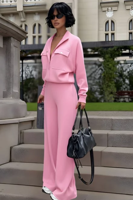 Compleu de Dama, din Bumbac, din Doua Piese, Jacheta si Pantalon Lung, Bonnita, Roz Bon-Bon