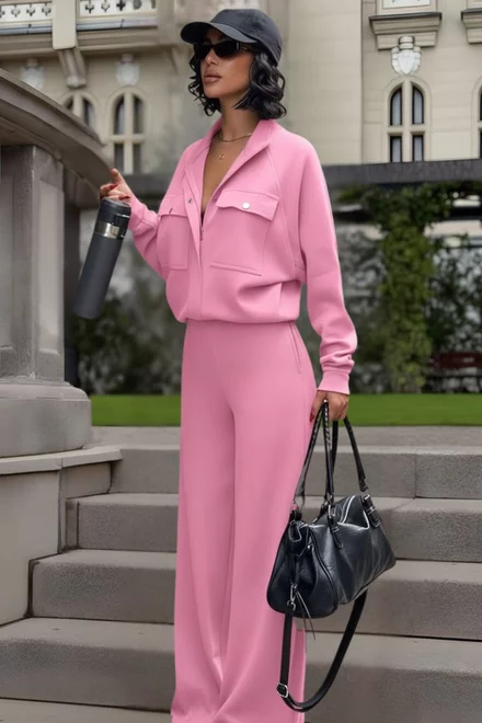 Compleu de Dama, din Bumbac, din Doua Piese, Jacheta si Pantalon Lung, Bonnita, Roz Bon-Bon