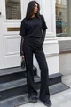 Compleu de Dama, din Bumbac, Doua Piese, Tricou cu Maneci din Dantela si Pantaloni cu Cusaturi Evidentiate, Zelyos, Negru