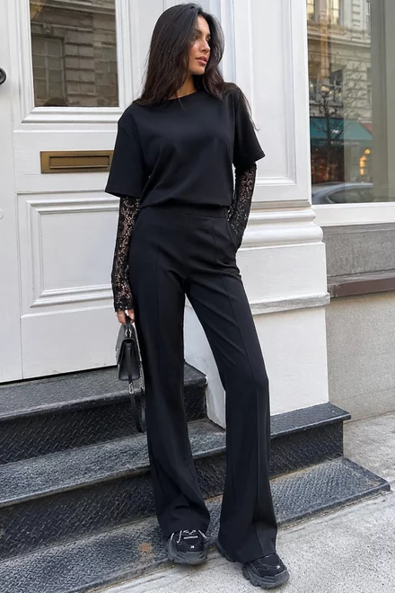 Compleu de Dama, din Bumbac, Doua Piese, Tricou cu Maneci din Dantela si Pantaloni cu Cusaturi Evidentiate, Zelyos, Negru
