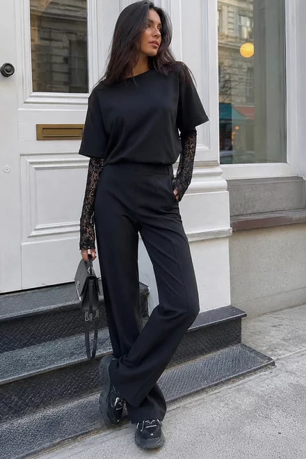 Compleu de Dama, din Bumbac, Doua Piese, Tricou cu Maneci din Dantela si Pantaloni cu Cusaturi Evidentiate, Zelyos, Negru