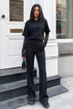 Compleu de Dama, din Bumbac, Doua Piese, Tricou cu Maneci din Dantela si Pantaloni cu Cusaturi Evidentiate, Zelyos, Negru