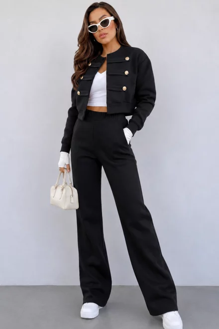 Compleu de Dama, din Bumbac, Jacheta Accesorizata cu Bride si Pantalon cu Buzunare, Elton, Negru