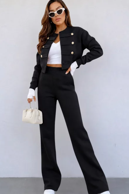 Compleu de Dama, din Bumbac, Jacheta Accesorizata cu Bride si Pantalon cu Buzunare, Elton, Negru
