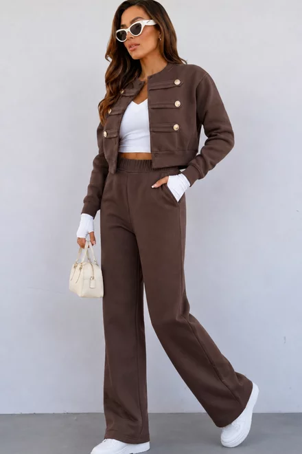 Compleu de Dama, din Bumbac, Jachetă Accesorizată cu Bride și Pantaloni, Glam, Maro