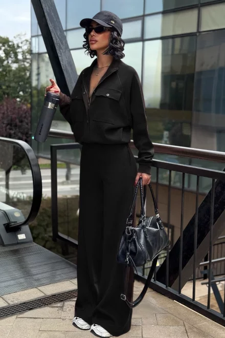 Compleu de Dama, din Bumbac, Jacheta cu Inchidere Capse si Pantalon Lung, Maryolla, Negru