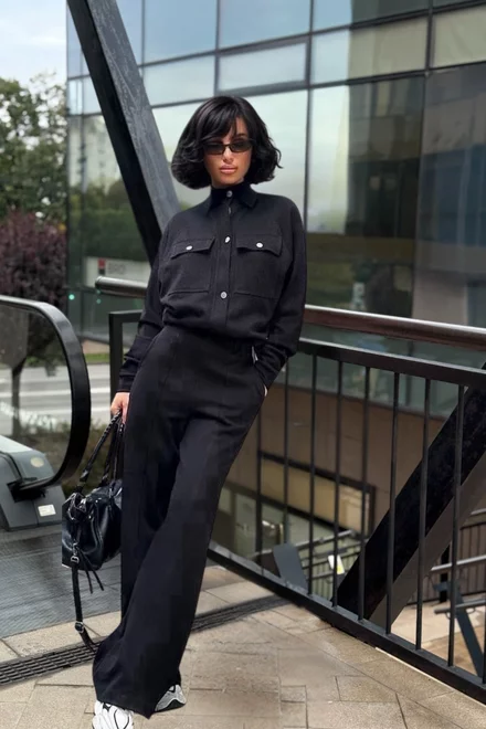 Compleu de Dama, din Bumbac, Jacheta cu Inchidere Capse si Pantalon Lung, Maryolla, Negru