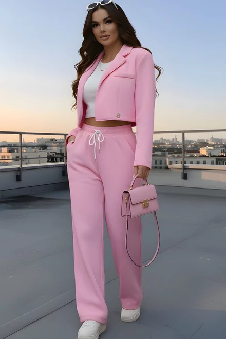 Compleu de Dama, din Bumbac, Sacou Sccurt si Pantalon cu Buzunare, Maryposse, Roz