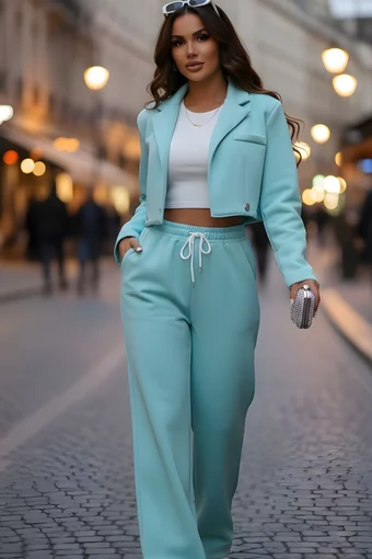 Compleu de Dama, din Bumbac, Sacou Scurt si Pantalon cu Buzunare, Tullippe, Aqua