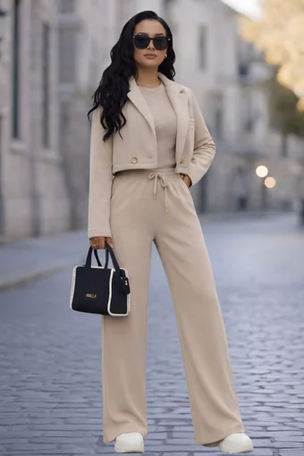 Compleu de Dama, din Bumbac, Sacou Scurt si Pantaloni Lejeri, Fridayy, Cappucino