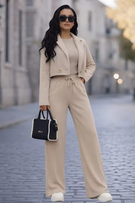 Compleu de Dama, din Bumbac, Sacou Scurt si Pantaloni Lejeri, Fridayy, Cappucino