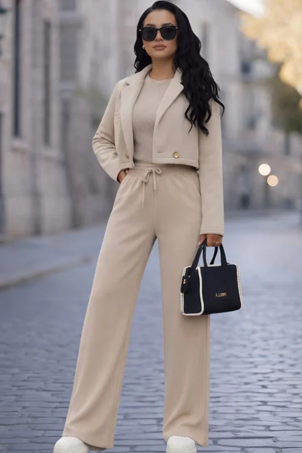 Compleu de Dama, din Bumbac, Sacou Scurt si Pantaloni Lejeri, Fridayy, Cappucino