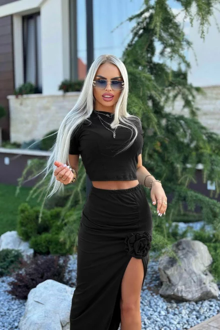 Compleu de Dama, din Bumbac, Top Scurt si Fusta Crapata pe Picior Accesorizata cu Flori, Margaritte, Negru