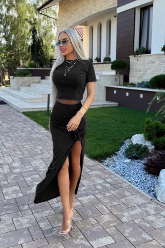 Compleu de Dama, din Bumbac, Top Scurt si Fusta Crapata pe Picior Accesorizata cu Flori, Margaritte, Negru