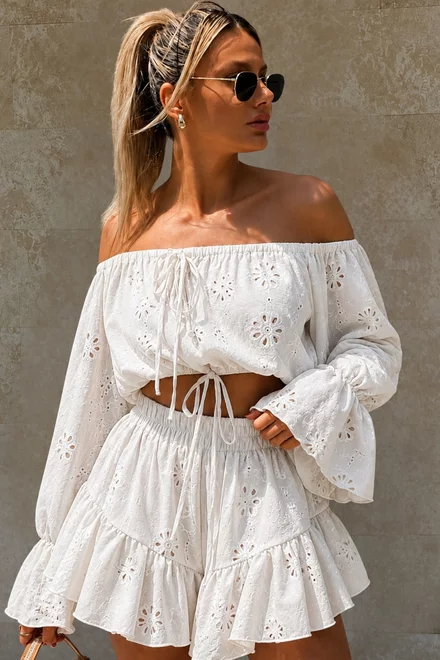 Compleu de Dama, din Bumbac, Top si Pantalon Scurt, Lya, Ivoire