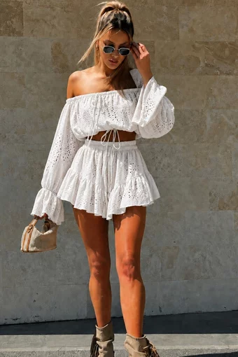 Compleu de Dama, din Bumbac, Top si Pantalon Scurt, Lya, Ivoire