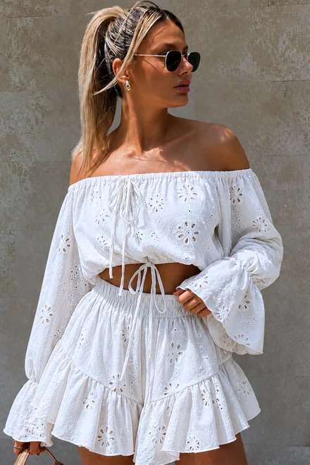 Compleu de Dama, din Bumbac, Top si Pantalon Scurt, Lya, Ivoire