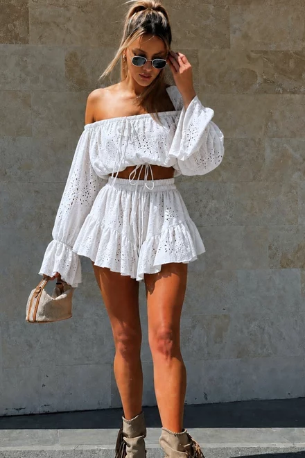 Compleu de Dama, din Bumbac, Top si Pantalon Scurt, Lya, Ivoire