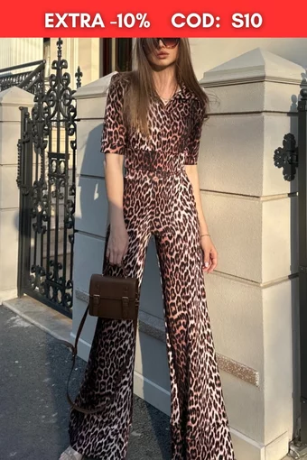 Compleu de Dama, din Bumbac, Tricou si Pantalon Lung, Evazat, Felicitta, Animal Print