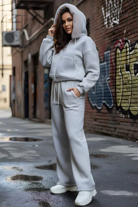 Compleu de Dama din Bumbac, Vatuit, Hanorac cu Blana Detasaila si Pantaloni Lejeri, Chicago, Gri