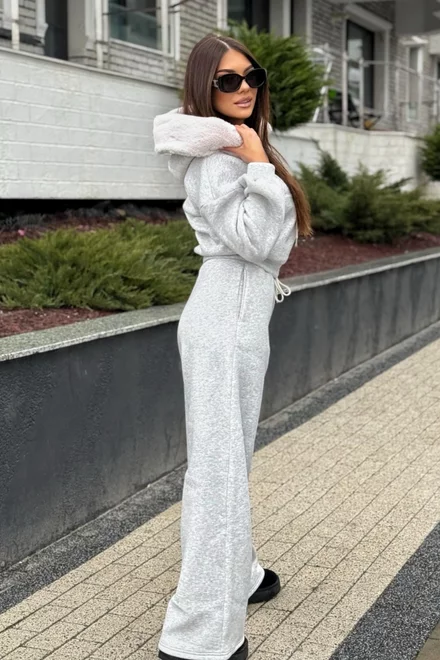 Compleu de Dama din Bumbac, Vatuit, Hanorac cu Blana Detasaila si Pantaloni Lejeri, Chicago, Gri