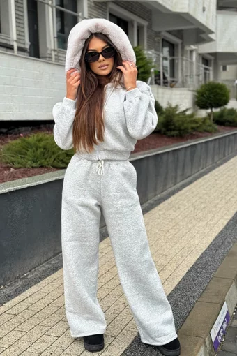 Compleu de Dama din Bumbac, Vatuit, Hanorac cu Blana Detasaila si Pantaloni Lejeri, Chicago, Gri