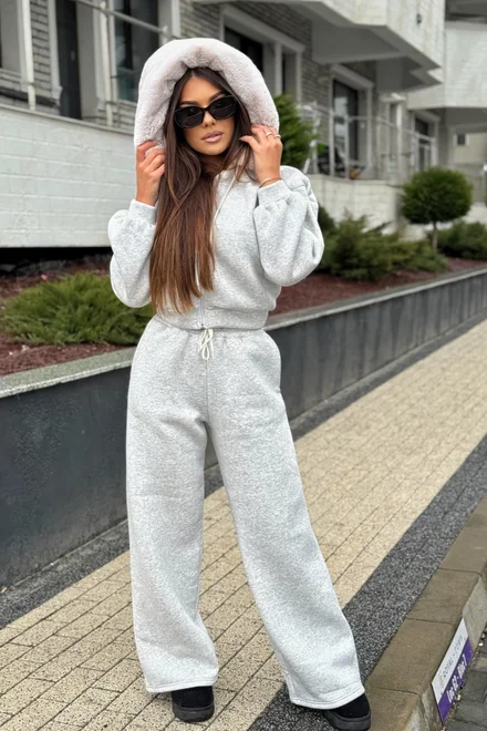 Compleu de Dama din Bumbac, Vatuit, Hanorac cu Blana Detasaila si Pantaloni Lejeri, Chicago, Gri