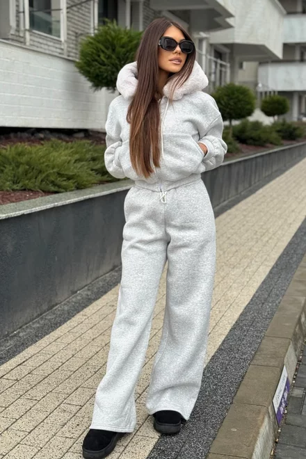 Compleu de Dama din Bumbac, Vatuit, Hanorac cu Blana Detasaila si Pantaloni Lejeri, Chicago, Gri