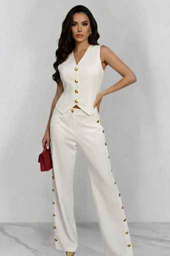 Compleu de Dama, din Bumbac, Vesta si Pantalon cu Nasturi, Dallas, Ivoire