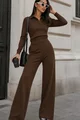 Compleu de Dama, din Crep Elastic, Bluza si Pantalon Evazat, Ymre, Maro