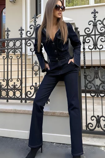 Compleu de Dama, din Denim, Doua Piese, Jacheta Scurta si Pantalon, Buenos, Blue