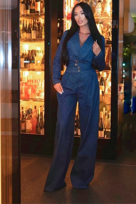 Compleu de Dama, din Denim, Doua Piese, Jacheta Scurta si Pantalon Lejer, Seniorre, Blue