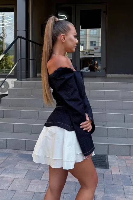 Compleu de Dama, din Denim, Doua Piese, Top cu Maneci Lungi Crapate si Fusta cu Poplin Alb, Ayurveda, Blue