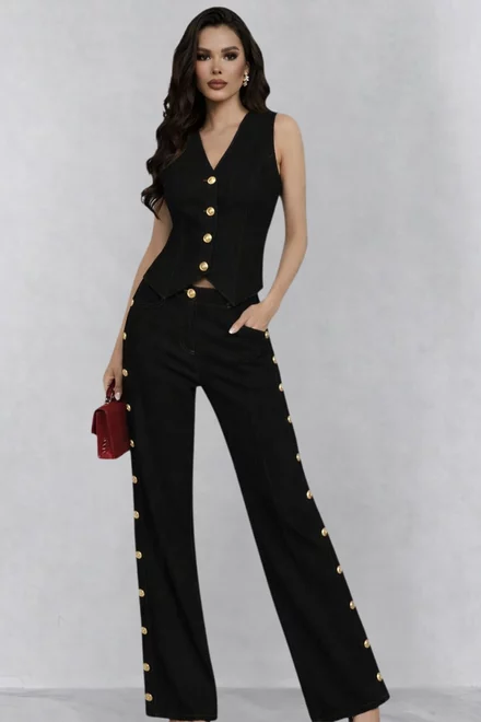 Compleu de Dama, din Denim, Doua Piese, Vesta si Pantalon Lejer, Kendall, Negru