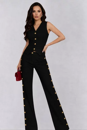 Compleu de Dama, din Denim, Doua Piese, Vesta si Pantalon Lejer, Kendall, Negru